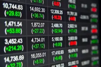 close up stock or Forex chart and data market exchange on LED display. green chart or up trend market.